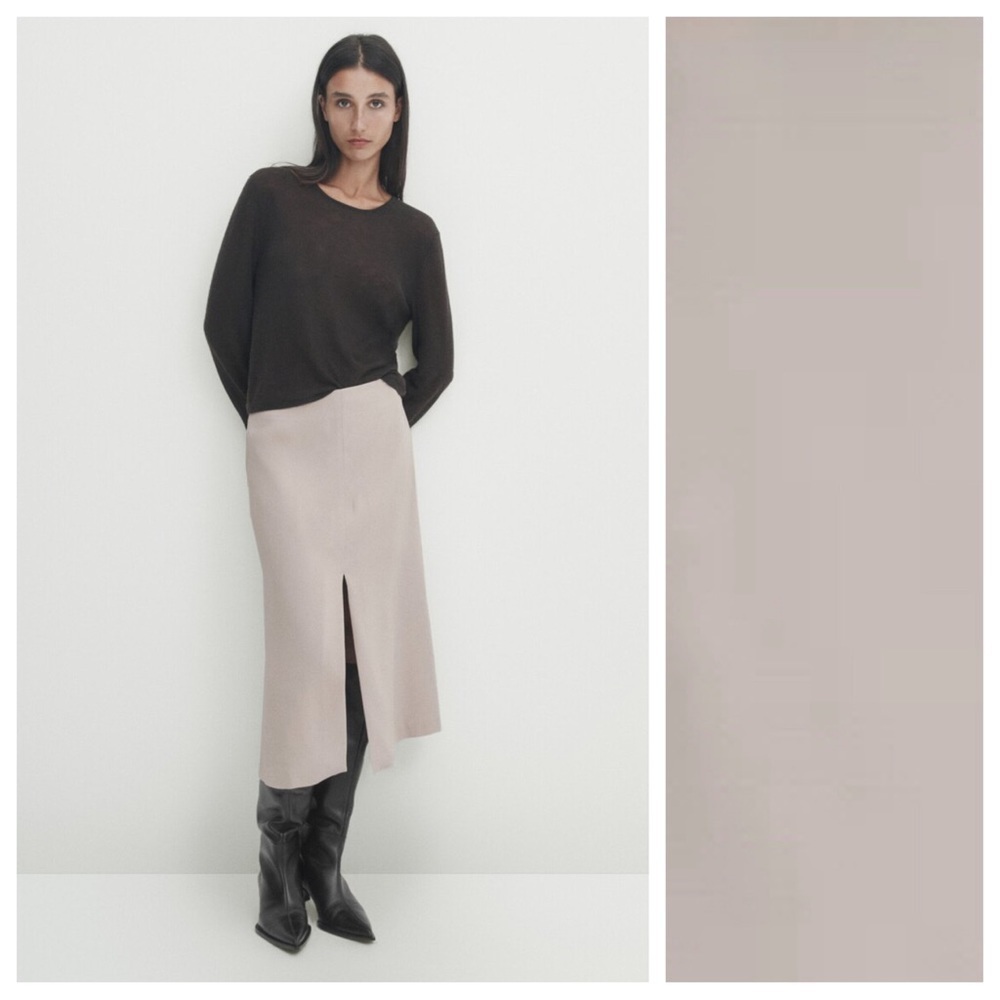 NWT. Massimo Dutti Cream Micro-Twill Fabric Midi Skirt with Slits. Size XL.
